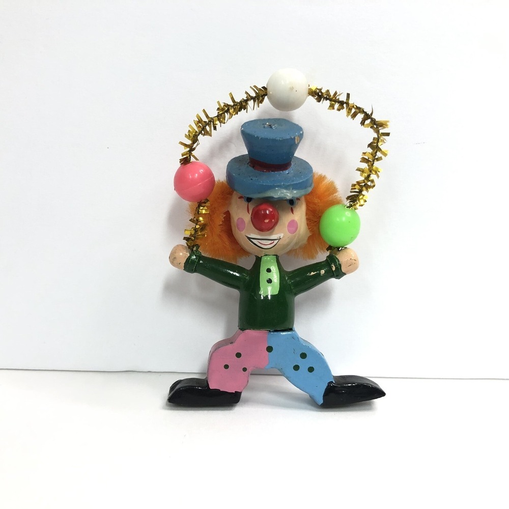 vintage wooden clown with balloon arch juggling clown ornament 3.5 inches